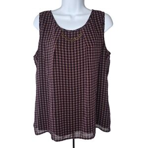Roz & Ali Sleeveless Blouse Womens L Black Pink Geometric Gold Chain Keyhole‎